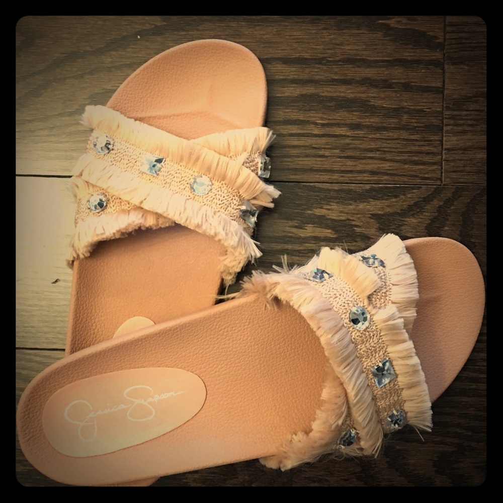 J. Simpson slides-Vintage pink, fringe & jewels